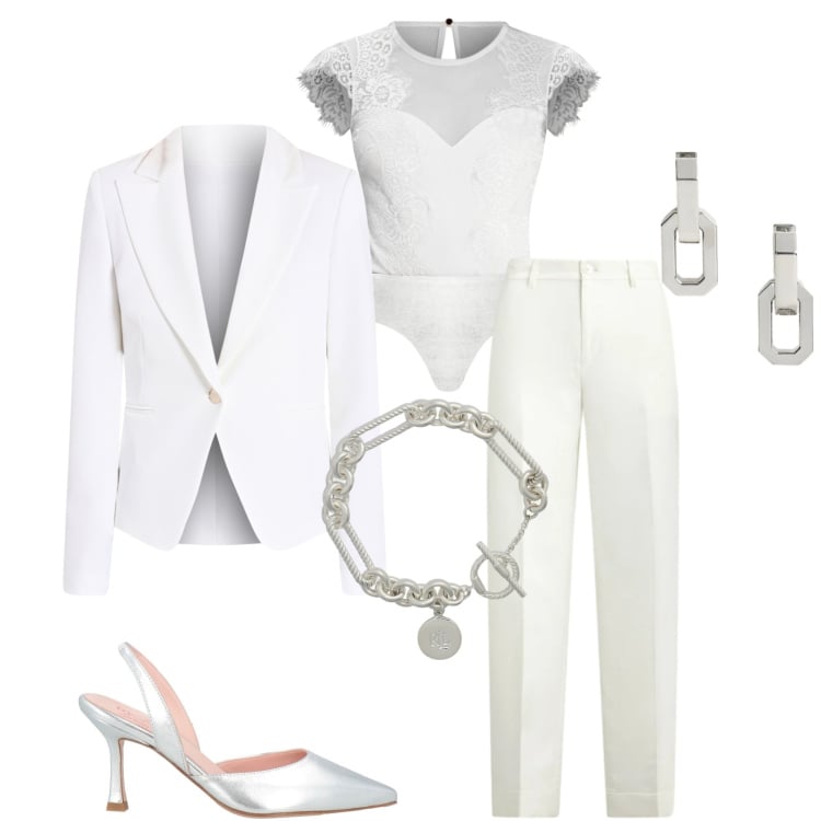 Outfit donna - Light as Cloud. Stile Chic per Cerimonia. Abbinamento con décolleté, blazer, top, braccialetti, pantaloni, orecchini.