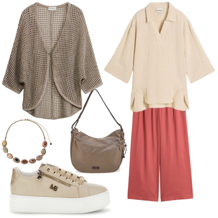 Outfit donna - Pantalone marsala. Stile Casual per Tutti i giorni. Abbinamento con pantaloni culotte, cardigans, tuniche, collane, borse a spalla, sneakers.