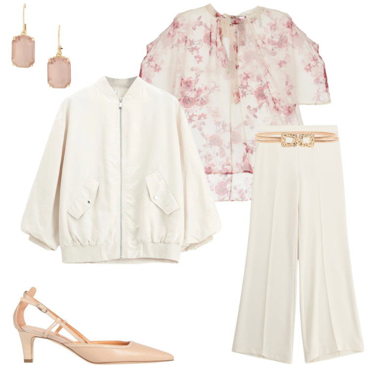 Outfit donna - Light as Cloud. Stile Casual chic per Serata fuori. Abbinamento con décolleté, pantaloni a palazzo, bluse, bomber, cinture, orecchini.