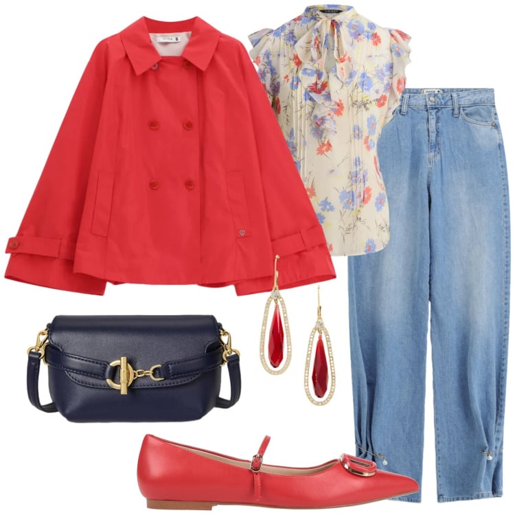 Outfit donna - Jeans ad Aprile. Stile Casual chic per Ufficio. Abbinamento con ballerine, giacche, jeans, borse a tracolla, orecchini, bluse.