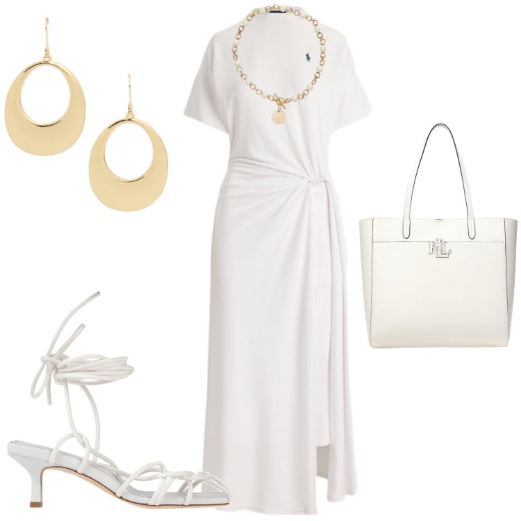 Outfit donna - Light as Cloud. Stile Casual chic per Tutti i giorni. Abbinamento con sandali col tacco, collane, borse tote, orecchini, vestiti lunghi.