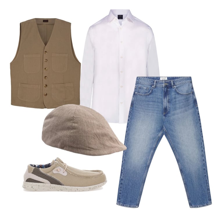 Outfit uomo - Aprile. Stile Trendy per Tutti i giorni. Abbinamento con camicie, gilet, scarpe stringate, jeans, cappelli e berretti.