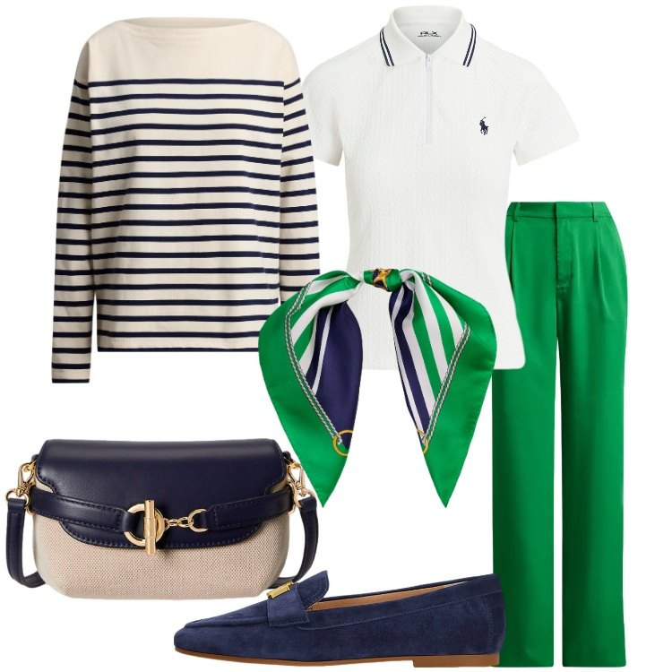 Outfit donna - Il pantalone protagonista di aprile. Stile Preppy per Tutti i giorni. Abbinamento con mocassini, pantaloni, borse a tracolla, foulard, maglieria, polo.