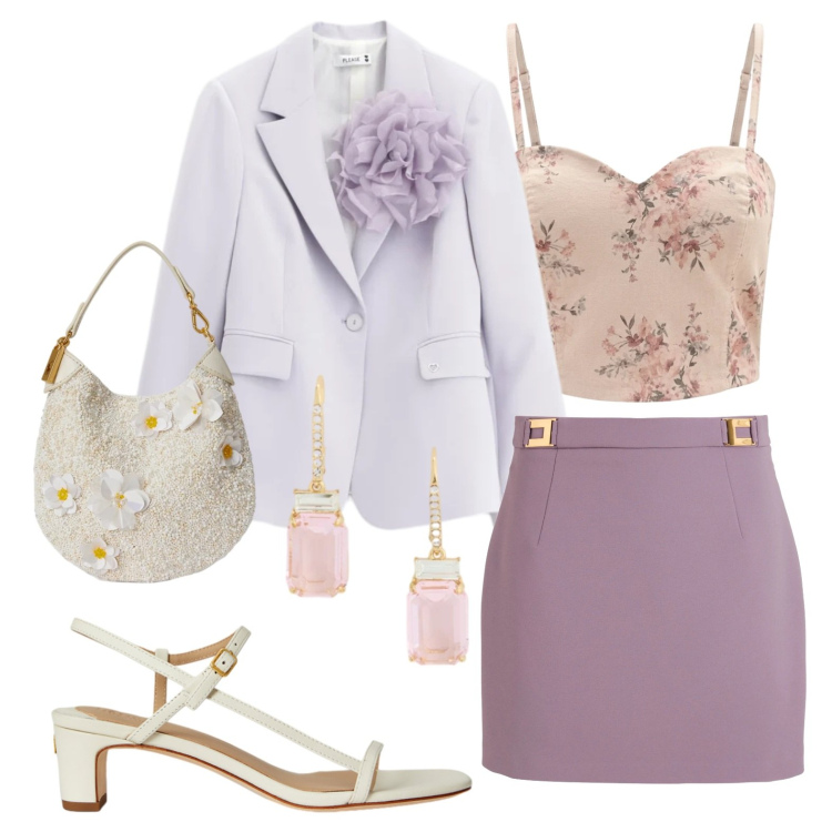 Outfit donna - Cerimonia in Aprile. Stile Romantica per Cerimonia. Abbinamento con minigonne, blazer, canottiere, pochette, orecchini, sandali in pelle.