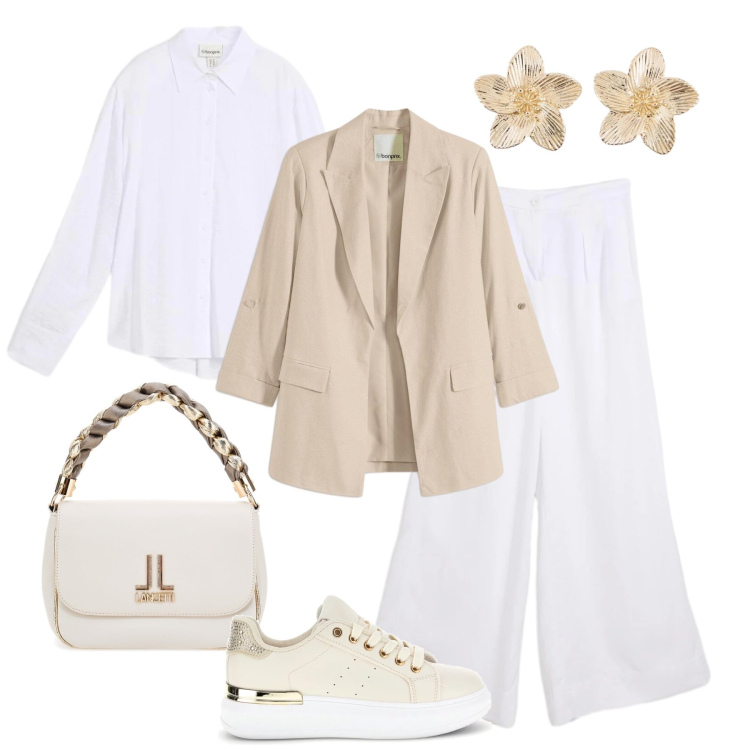 Outfit donna - Mix bianco, sabbia, oro. Stile Trendy per Tutti i giorni. Abbinamento con pantaloni, blazer, orecchini, camicie, borse a tracolla, sneakers.
