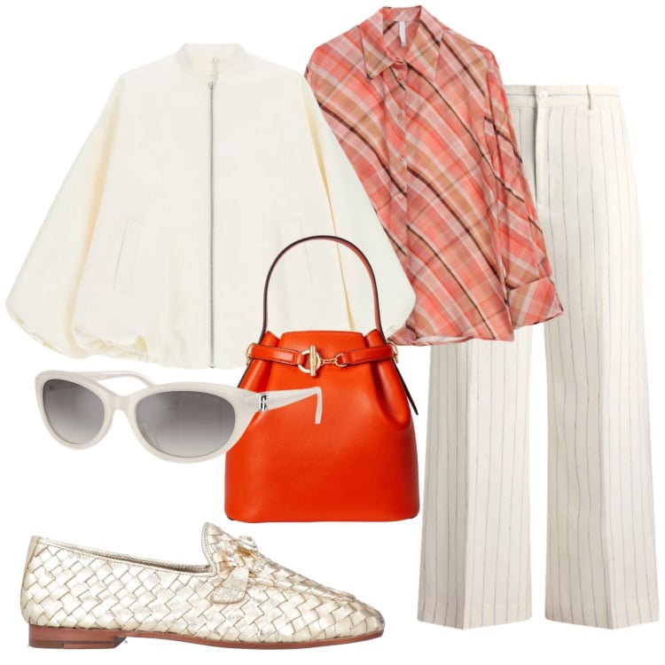 Outfit donna - Curvy style ad Aprile. Stile Glamour per Ufficio. Abbinamento con mocassini, camicie, bomber, occhiali da sole, borse a secchiello, pantaloni.