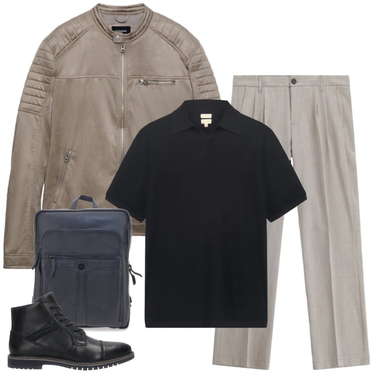 Outfit uomo - Urban Noir & Earth. Stile Urban per Tutti i giorni. Abbinamento con pantaloni, borse sportive, anfibi, giacche, polo.