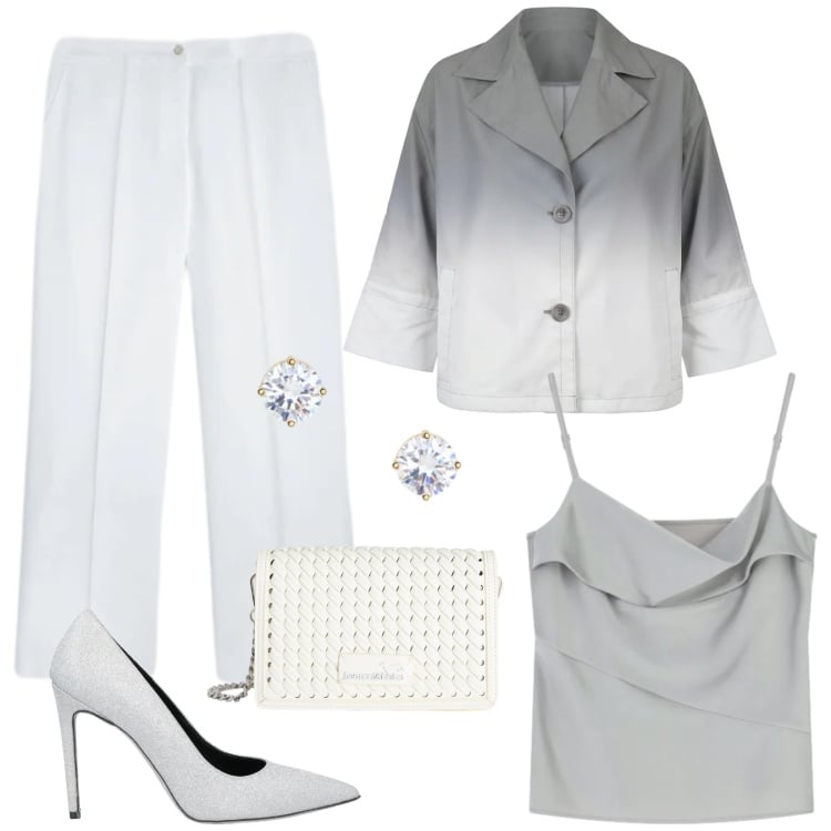 Outfit donna - Light as cloud. Stile Casual chic per Serata fuori. Abbinamento con décolleté, pantaloni, borse a tracolla, canottiere, blazer, orecchini.