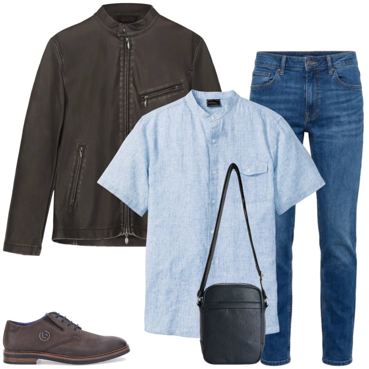 Outfit uomo - L\'Essenza del Denim e della Pelle. Stile Trendy per Ufficio. Abbinamento con camicie a manica corta, borse sportive, jeans, scarpe stringate, giacche.