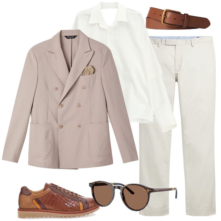Outfit uomo - Summer Tailoring. Stile Trendy per Ufficio. Abbinamento con camicie, cinture, pantaloni chino, occhiali da sole, scarpe stringate, giacche.