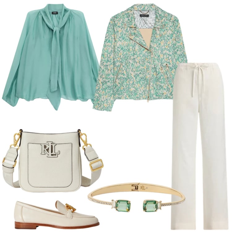 Outfit donna - Spring in sale. Stile Casual chic per Ufficio. Abbinamento con blazer, bluse, borse a tracolla, mocassini, pantaloni, braccialetti.