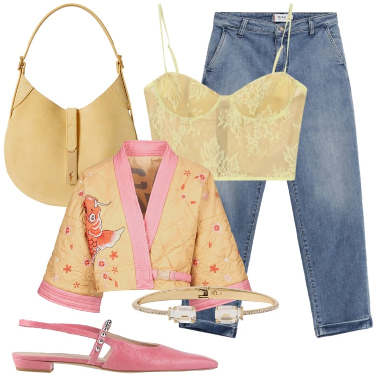 Outfit donna - Kimono a primavera. Stile Glamour per Serata fuori. Abbinamento con ballerine, jeans, canottiere, kimono, braccialetti, borse a spalla.