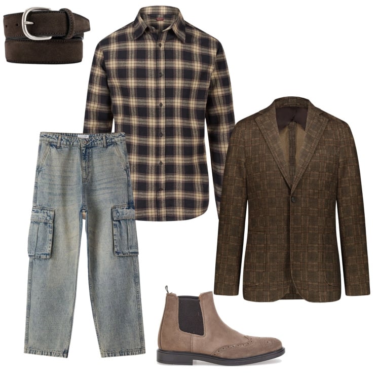 Outfit uomo - Total look #2375638. Stile Casual per Ufficio. Abbinamento con giacche, camicie, stivali e stivaletti, jeans, cinture.