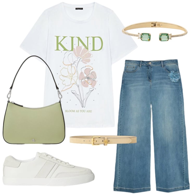 Outfit donna - Pastel Bloom. Stile Casual chic per Tutti i giorni. Abbinamento con jeans, t-shirt, borse a spalla, sneakers, cinture, braccialetti.