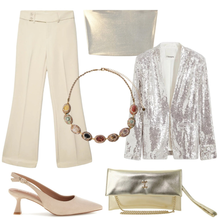 Outfit donna - Pantaloni protagonisti. Stile Glamour per Serata fuori. Abbinamento con blazer, collane, borse a tracolla, top, pantaloni, décolleté.