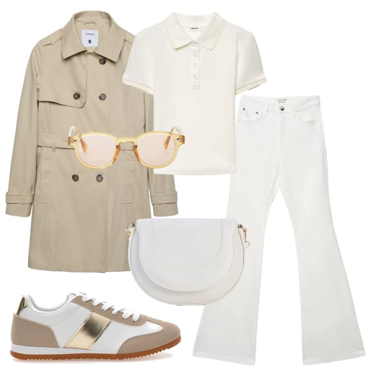 Outfit donna - Total look #2375641. Stile Casual per Tutti i giorni. Abbinamento con borse a tracolla, occhiali da sole, polo, sneakers, jeans a zampa, trench.
