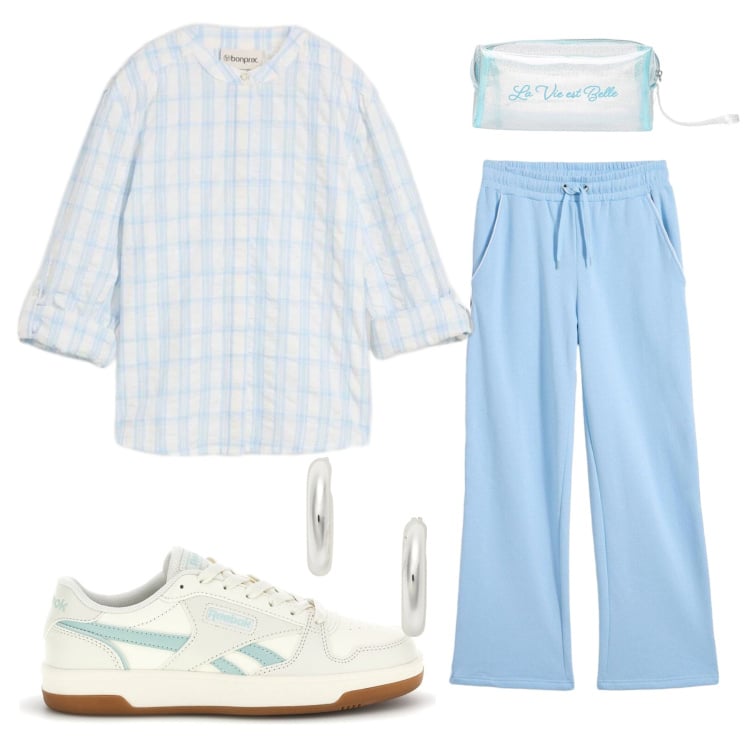 Outfit donna - Pantaloni in felpa. Stile Casual per Tutti i giorni. Abbinamento con pantaloni, bluse, orecchini, valigie, sneakers.