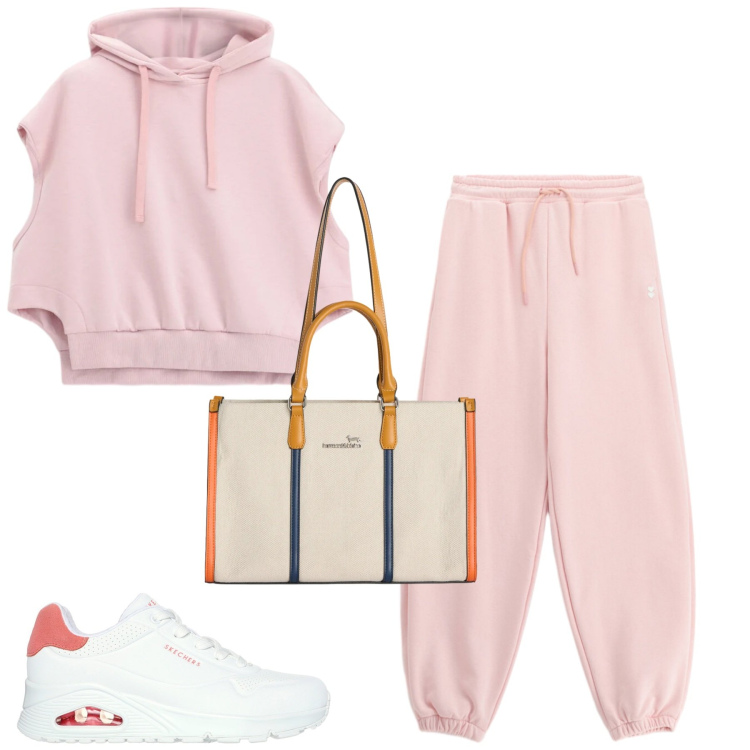 Outfit donna - Sporty. Stile Casual per Tutti i giorni. Abbinamento con borse tote, pantaloni sportivi, felpe con cappuccio, sneakers.