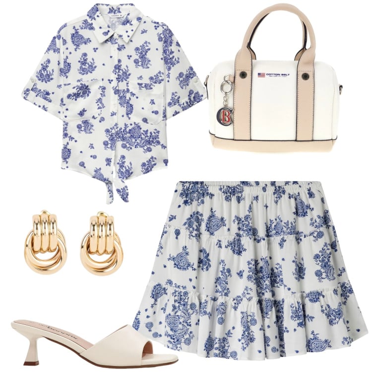 Outfit donna - Terranova. Stile Romantica per Tutti i giorni. Abbinamento con ciabatte, orecchini, minigonne, camicie a manica corta, borse a mano.