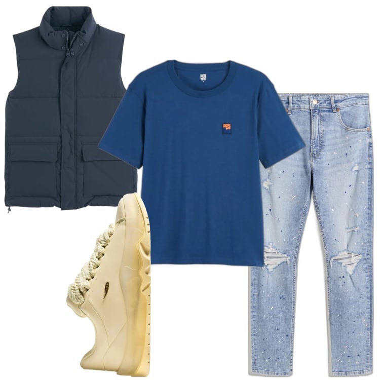 Outfit hombre - Casual look. Estilo Casual para Todos los días. Combinación con chalecos, camiseta, vaqueros rotos, sneakers.