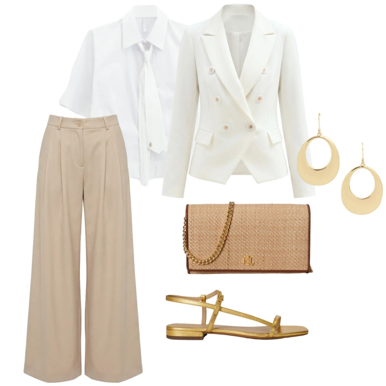 Outfit donna - Aperitivo. per Serata fuori. Abbinamento con pantaloni, camicie a manica corta, blazer, borse a tracolla, orecchini, sandali in pelle.