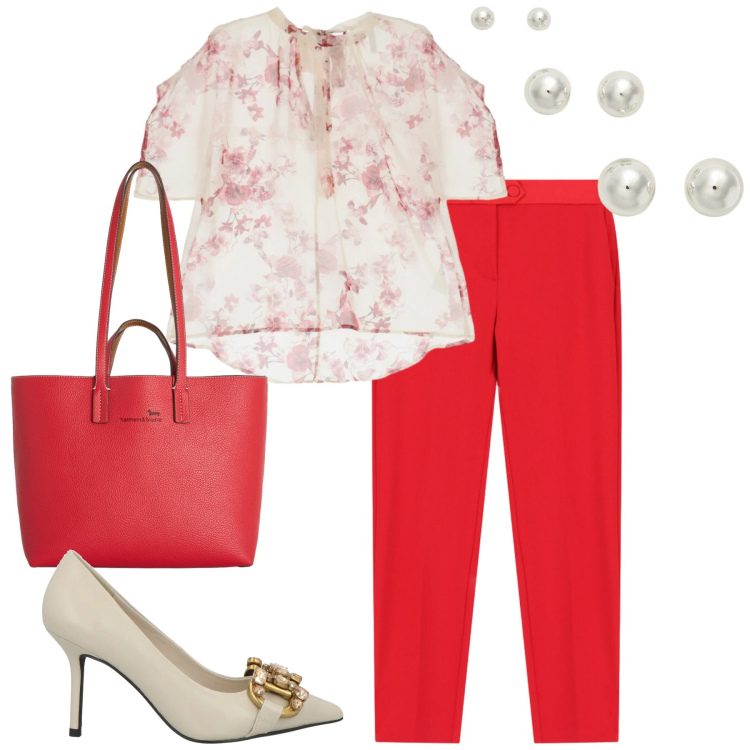 Outfit donna - Rosso. Stile Urban per Tutti i giorni. Abbinamento con décolleté, pantaloni, bluse, shopping bag, orecchini.