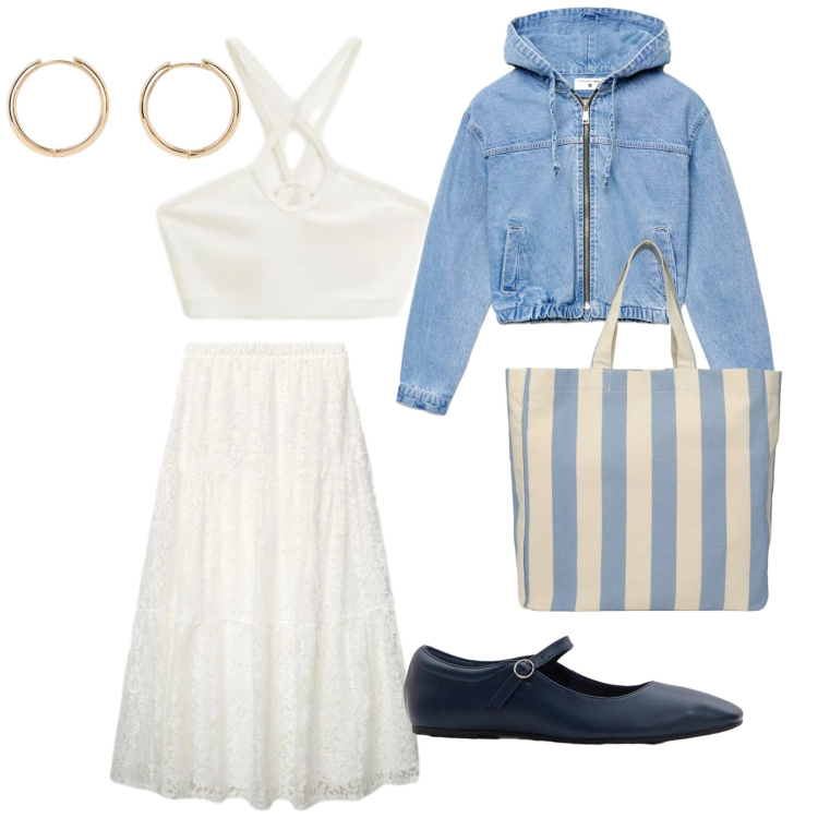 Outfit donna - Vista mare. per Mare. Abbinamento con orecchini, ballerine, top, gonne lunghe, bomber, shopping bag.