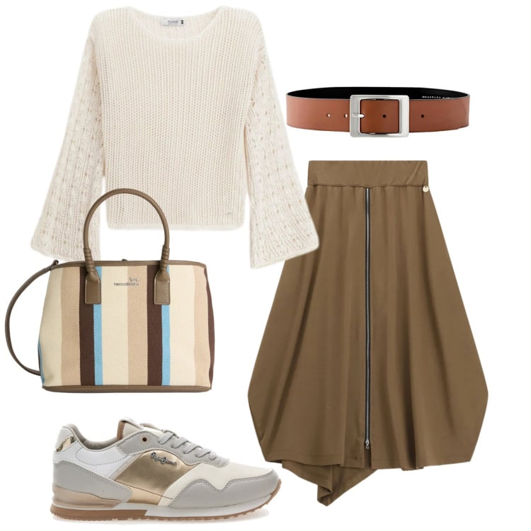 Outfit donna - Total look #2375686. Stile Romantica per Tutti i giorni. Abbinamento con cinture, shopping bag, gonne longuette, maglieria, sneakers.