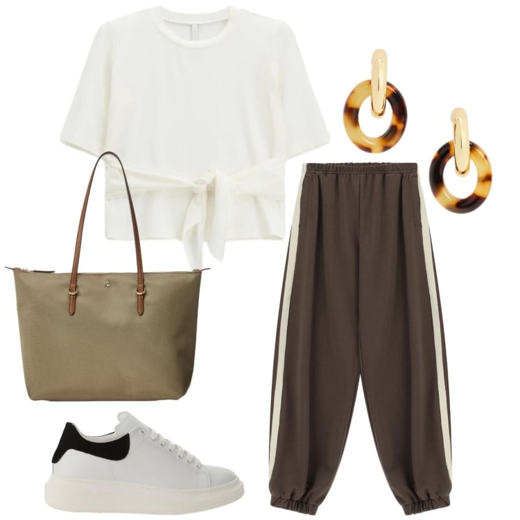 Outfit donna - Total look #2375687. Stile Casual chic per Tutti i giorni. Abbinamento con pantaloni, t-shirt, sneakers, orecchini, borse tote.