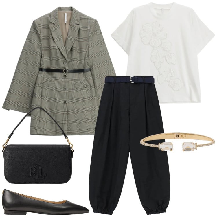 Outfit donna - Total look #2375691. Stile Glamour per Ufficio. Abbinamento con vestiti corti, pantaloni, t-shirt, ballerine, borse a spalla, braccialetti.