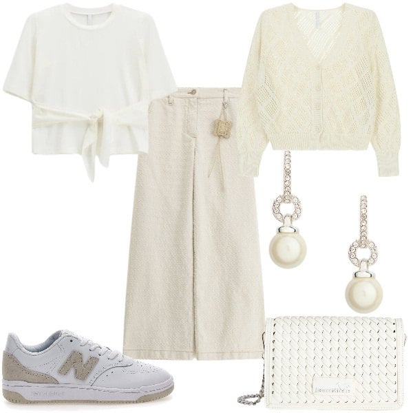 Outfit donna - Total look #2375692. Abbinamento con borse a tracolla, t-shirt, cardigans, pantaloni a palazzo, orecchini, sneakers.