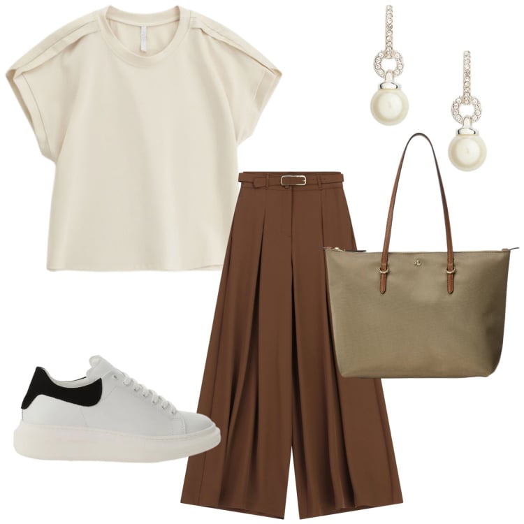 Outfit donna - Total look #2375693. Stile Glamour per Ufficio. Abbinamento con pantaloni a palazzo, top, sneakers, orecchini, borse tote.