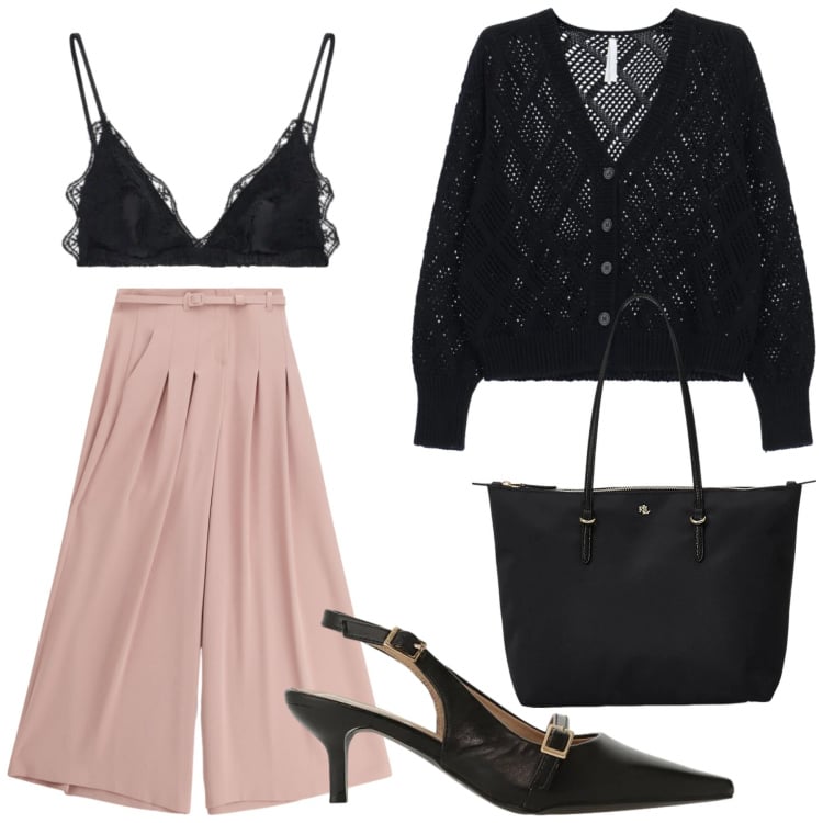 Outfit donna - Total look #2375694. Stile Romantica per Serata fuori. Abbinamento con pantaloni a palazzo, reggiseni, sandali col tacco, cardigans, borse tote.