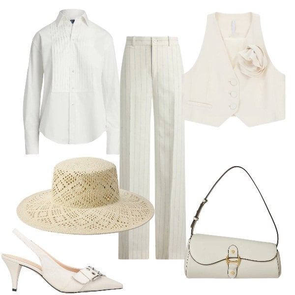 Outfit donna - Total look #2375698. per Cerimonia. Abbinamento con décolleté, gilet, borse a spalla, pantaloni, camicie, cappelli.