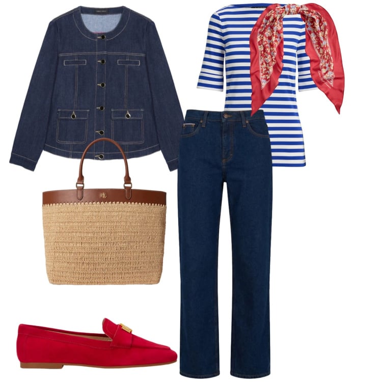Outfit donna - Pomeriggio libero. per Tutti i giorni. Abbinamento con blazer, jeans, mocassini, foulard, borse tote, t-shirt.