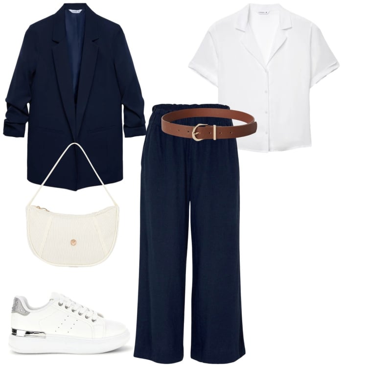 Outfit donna - Con le amiche. per Tutti i giorni. Abbinamento con pantaloni capri, borse a mano, cinture, blazer, sneakers, camicie a manica corta.
