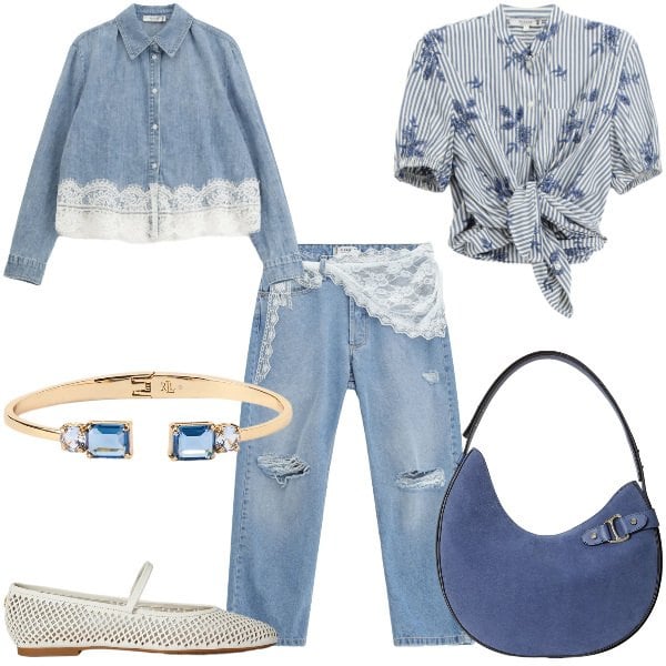 Outfit donna - Total look #2375707. Abbinamento con jeans strappati, camicie, camicie a manica corta, borse a spalla, ballerine, braccialetti.