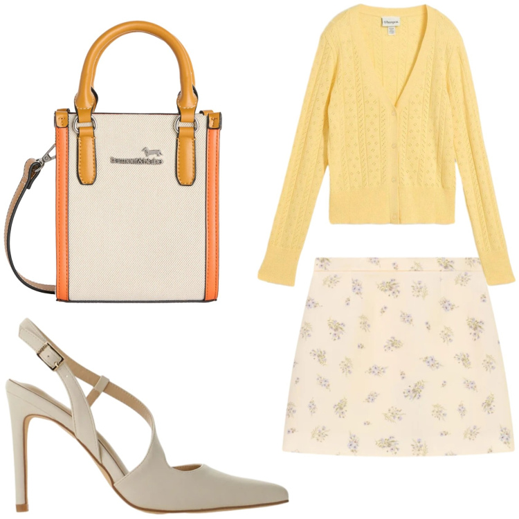 Outfit donna - Giallo e beige in primavera. Stile Romantica per Tutti i giorni. Abbinamento con cardigans, borse tote, décolleté, minigonne.