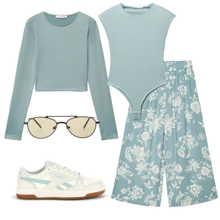 Outfit donna - Total look #2375709. Stile Romantica per Tutti i giorni. Abbinamento con occhiali da sole, t-shirt, top, pantaloni a palazzo, sneakers.
