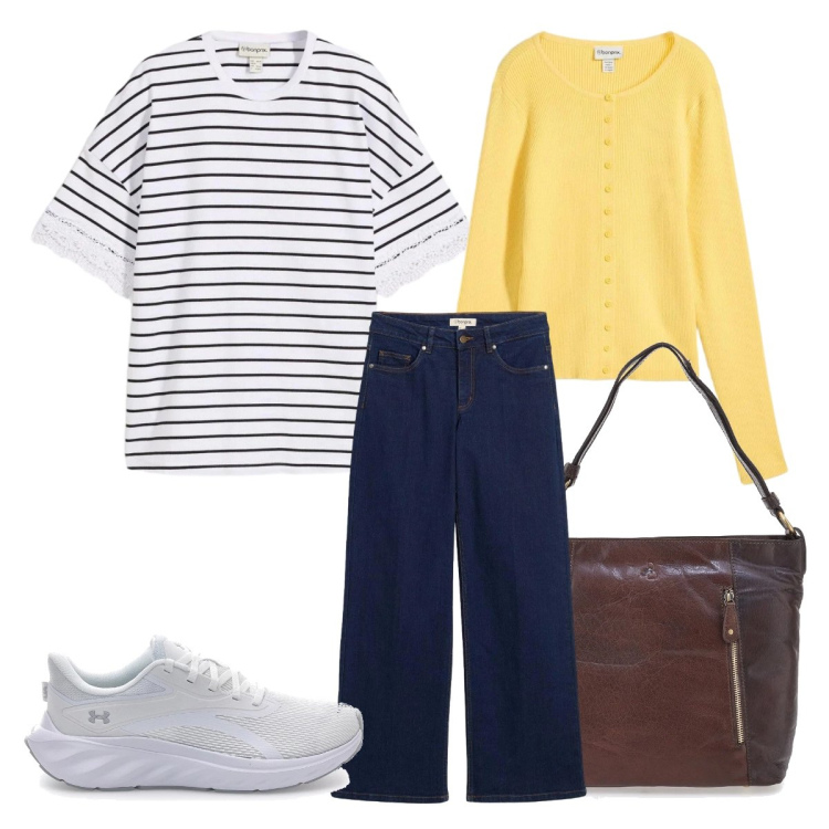 Outfit donna - giallo che illumina. Stile Casual per Tutti i giorni. Abbinamento con jeans dritti, cardigans, t-shirt, borse a spalla, sneakers.