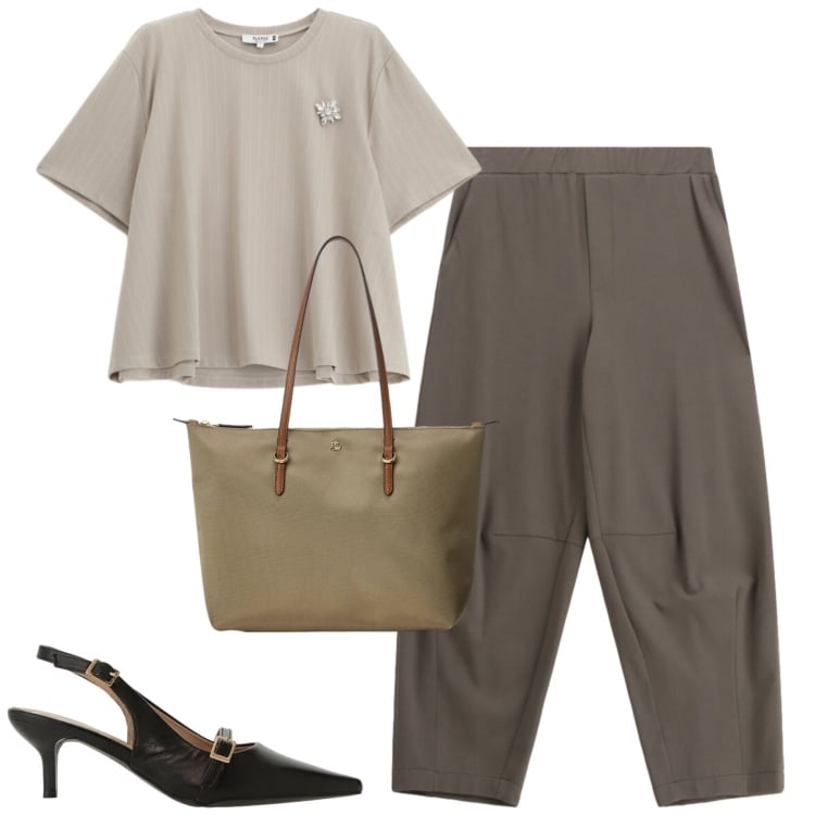 Outfit donna - Aprile. Stile Basic per Tutti i giorni. Abbinamento con t-shirt, pantaloni a palazzo, sandali col tacco, borse tote.