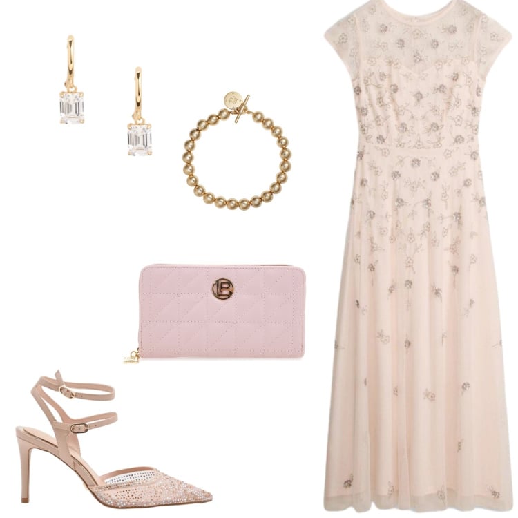 Outfit donna - L\'abito in tulle delicato con paillettes. Stile Romantica per Cerimonia. Abbinamento con vestiti lunghi, décolleté, braccialetti, orecchini, portafogli.