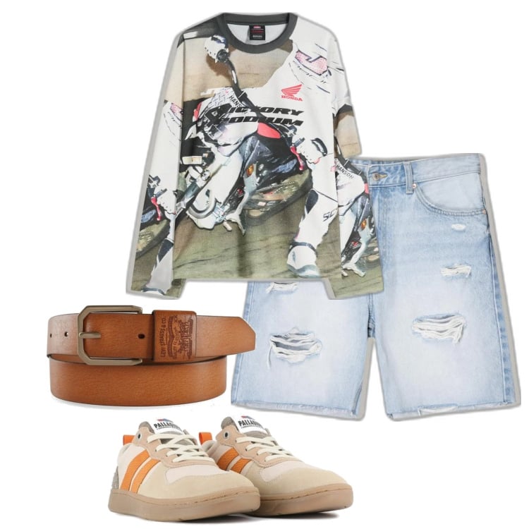 Outfit hombre - Casual look. Estilo Casual para Todos los días. Combinación con cinturones, bermudas, sneakers, camiseta.