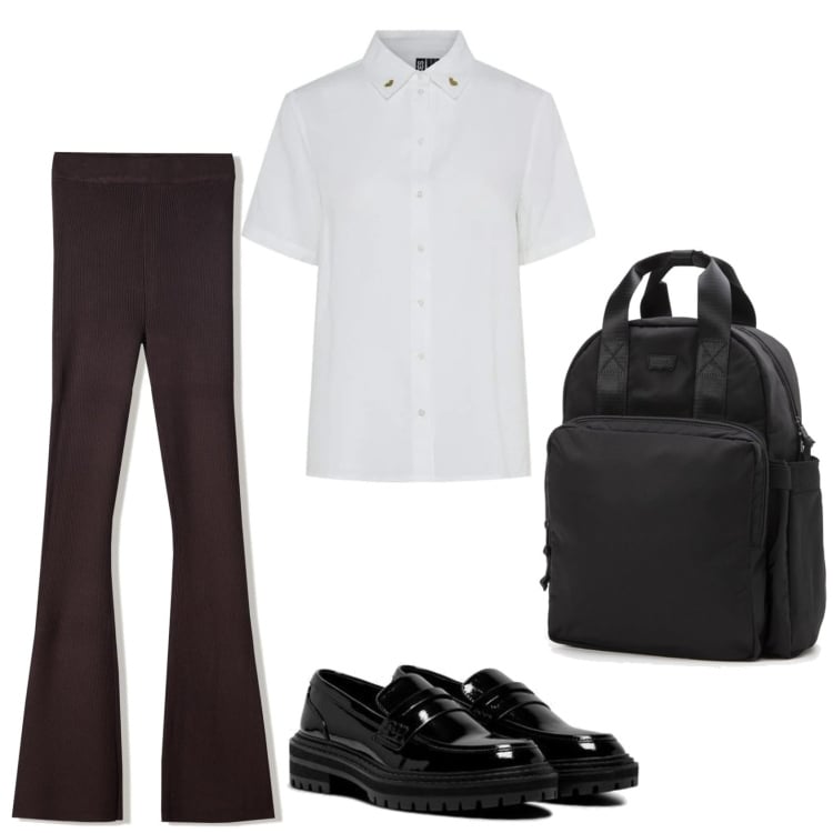 Outfit mujer - Basic look. Estilo Basic para Oficina. Combinación con mochilas, camisas de manga corta, mocasines, pantalones.