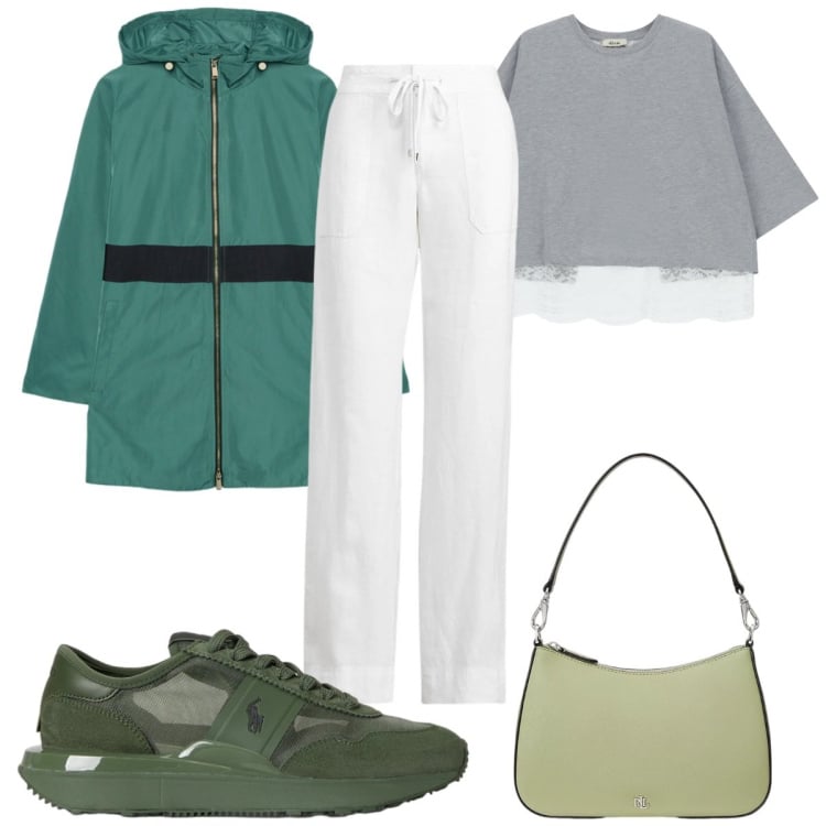 Outfit donna - Spring in Sale: verde primaverile. Stile Trendy per Tutti i giorni. Abbinamento con parka, top, pantaloni, borse a spalla, sneakers.
