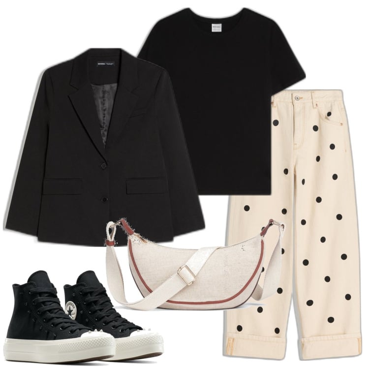 Outfit mujer - Urban style. Estilo Urban para Todos los días. Combinación con vaqueros, riñoneras, sneakers, blazers, camiseta.