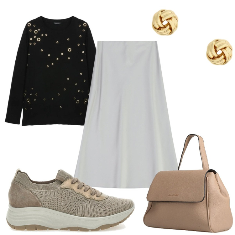 Outfit donna - Gonna midi eleganza e comfort- ufficio. Stile Minimal per Tutti i giorni. Abbinamento con zaini, maglieria, gonne longuette, orecchini, scarpe stringate.