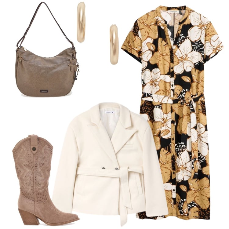 Outfit donna - Total look #2375730. Stile Casual chic per Tutti i giorni. Abbinamento con vestiti, orecchini, borse a spalla, blazer, stivali.