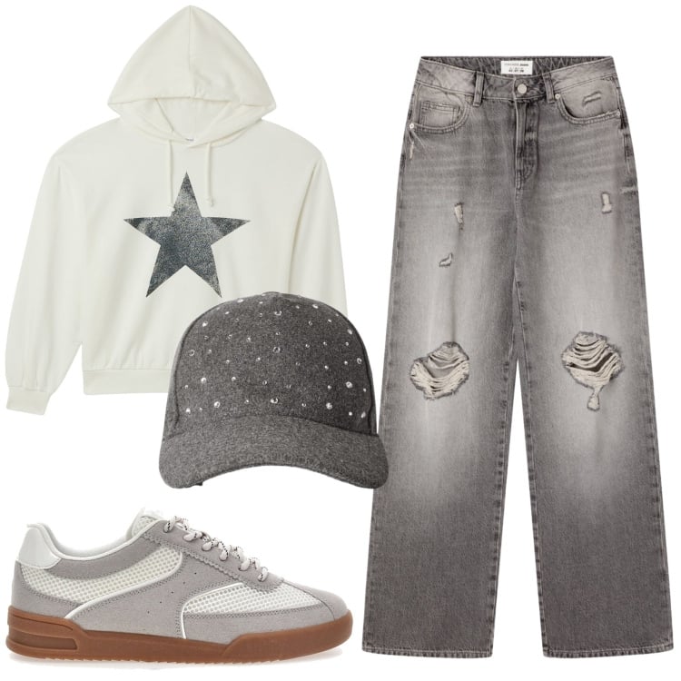 Outfit donna - Total look #2375731. Stile Casual per Tutti i giorni. Abbinamento con felpe sportive, jeans strappati, cappelli con visiera, sneakers.