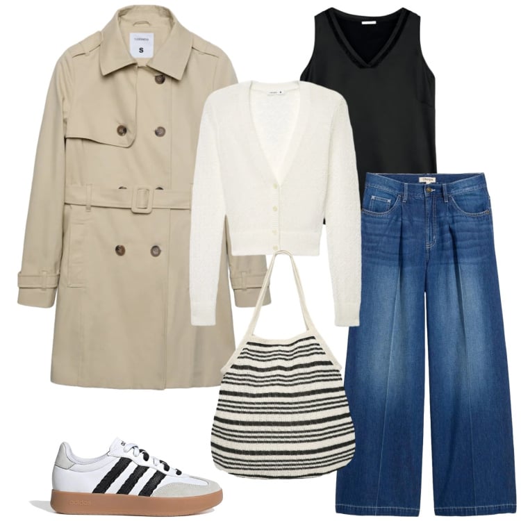 Outfit donna - Tutti i giorni. Stile Casual chic per Tutti i giorni. Abbinamento con jeans, top, sneakers, cardigans, trench, shopping bag.